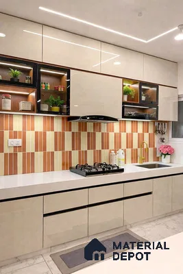 Modern kitchen with beige high gloss laminate, white quartz countertop, and terracotta-yellow vertical subway backsplash tiles