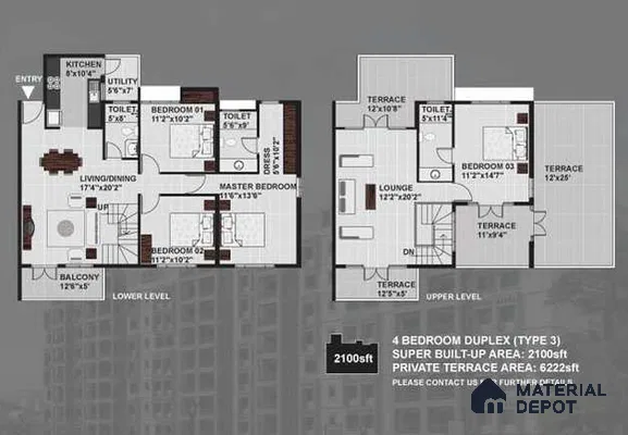 Modern 4-bedroom duplex floor plan with private terraces and open living-dining layout