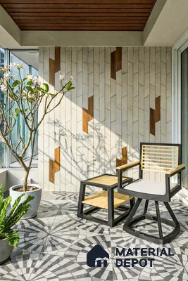 Modern balcony with geometric patterned floor tiles and wood-accented chevron wall tiles