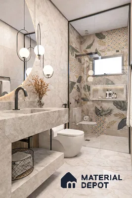 Modern bathroom with marble-look tiles and tropical floral patterned highlighter wall tiles