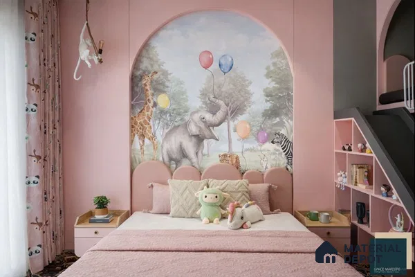 Modern kids room with pastel pink laminate, animal print wallpaper, and playful decor