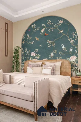 Japandi bedroom with chinoiserie floral wallpaper, natural cane bed, and dark wood flooring