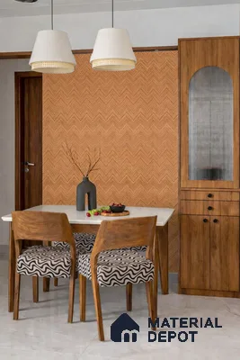 Mid-century modern dining room with chevron wood laminate wall, white marble tabletop, and walnut wood furniture