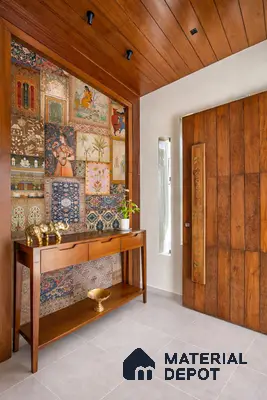 Eclectic foyer with Indian patterned wallpaper, walnut wood laminate, and light grey floor tiles