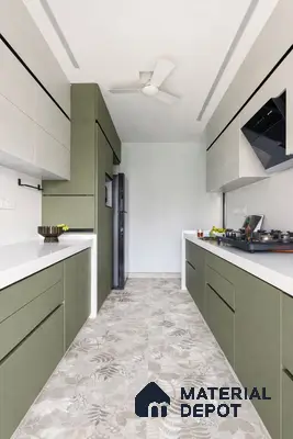 Modern parallel kitchen with olive green and white laminate cabinets and floral patterned floor tiles