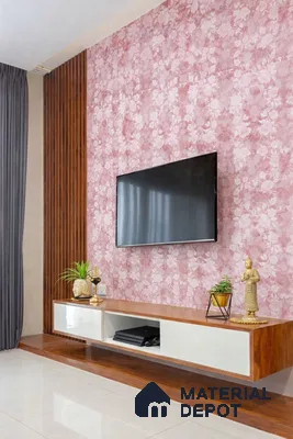Modern TV unit with pink floral wallpaper, white laminate, and walnut wood finish
