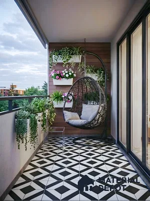 Modern balcony with geometric black-and-white floor tiles and wooden wall paneling in 3 BHK apartment Tetra Grand Green Aspire Jakkur Bengaluru