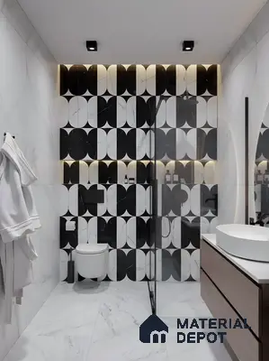 Modern bathroom with black and white geometric marble wall tiles and white marble floor tiles in 3 BHK apartment Tetra Grand Green Aspire Jakkur Bengaluru