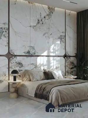 Modern bedroom with marble-look wall panels and beige marble floor tiles in 3 BHK apartment Tetra Grand Green Aspire Jakkur Bengaluru