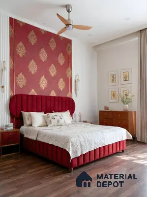 Art Deco bedroom with red damask wallpaper, velvet upholstered bed, and walnut wood flooring in 3 BHK apartment Tetra Grand Green Aspire Jakkur Bengaluru