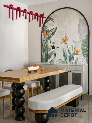 Eclectic dining room with natural wood table, tropical wallpaper, and modern sculptural seating in 3 BHK apartment Tetra Grand Green Aspire Jakkur Bengaluru