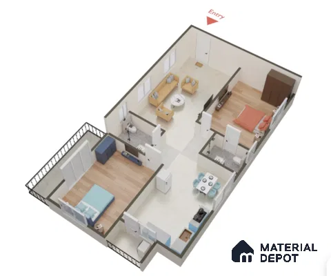 Modern 2BHK apartment layout with wood flooring, marble-look tiles, and modular kitchen in 3 BHK apartment Tetra Grand Green Aspire Jakkur Bengaluru