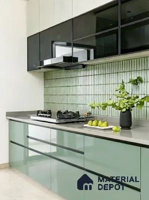 Modern kitchen with sage green high gloss laminate, grey quartz countertop, and green kitkat backsplash tiles in 3 BHK apartment Tetra Grand Green Aspire Jakkur Bengaluru