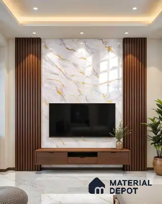 Modern TV unit with white marble-look laminate, walnut brown wooden louvers, and marble floor tile in 3 BHK apartment Tetra Grand Green Aspire Jakkur Bengaluru