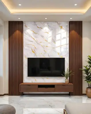 Modern TV unit with white marble-look laminate, walnut brown wooden louvers, and marble floor tile in 3 BHK apartment Tetra Grand Green Aspire Jakkur Bengaluru
