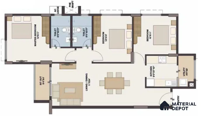 Modern open plan living and dining with neutral tile flooring and built-in storage