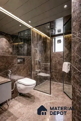 Modern bathroom with brown marble-look tiles and glass shower partition