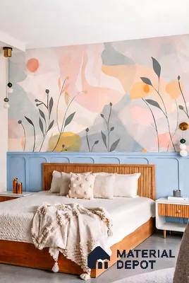 Scandinavian bedroom with pastel abstract floral wallpaper, light blue paneling, and natural wood bed