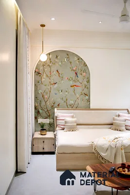 Japandi bedroom with chinoiserie wallpaper, light wood bed, and neutral palette