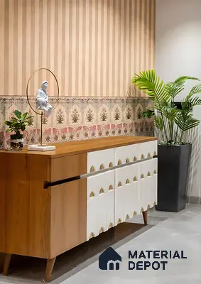 Traditional pooja room with floral patterned wallpaper, striped wallpaper, and wooden laminate cabinet