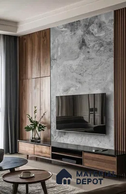 Modern living room with grey stone-look laminate TV wall and walnut wood laminate cabinetry
