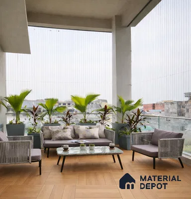 Modern balcony with wood-look floor tiles and rope-woven outdoor seating