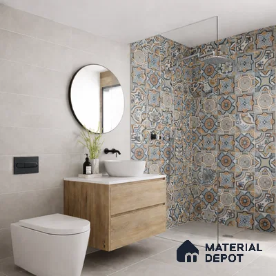 Modern bathroom with patterned moroccan wall tiles, beige floor tiles, and wood vanity