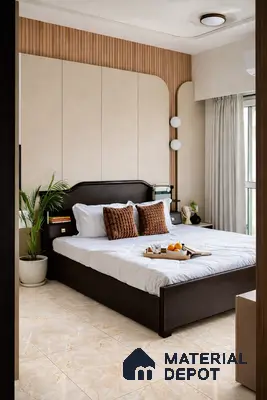 Modern bedroom with beige marble floor tiles and light wood fluted wall panels