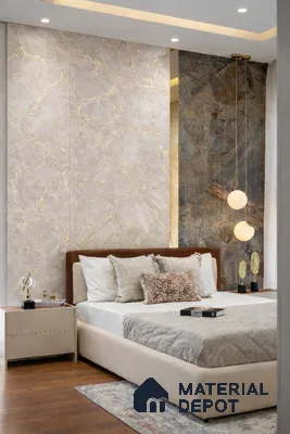 Modern bedroom with beige marble laminate accent wall and wooden flooring