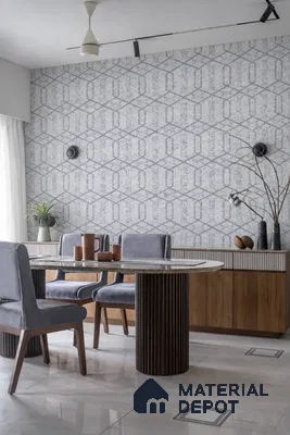 Modern dining room with geometric wallpaper, marble top dining table, and wooden cabinetry