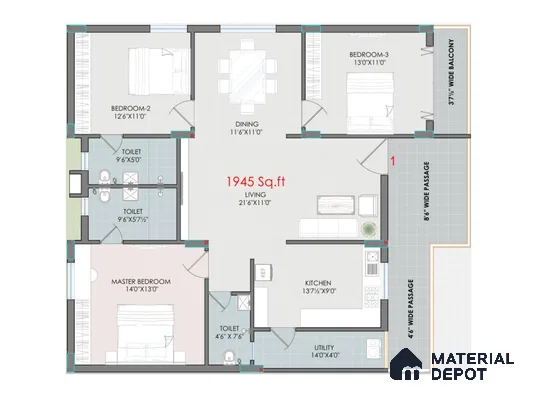 Modern apartment floor plan with tiled flooring and open living-dining layout
