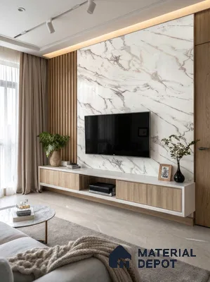 Modern living room with white marble laminate TV wall and light oak wood laminate cabinet