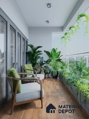 Modern balcony with wood-look floor tiles and lush green planters in 4 BHK apartment Total Environment Learning To Fly 7th Phase JP Nagar Bengaluru