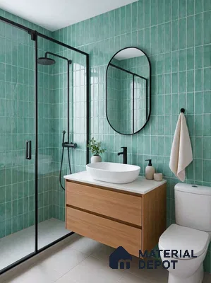 Modern bathroom with green subway wall tiles, light wood floating vanity, and matte white countertop in 4 BHK apartment Total Environment Learning To Fly 7th Phase JP Nagar Bengaluru