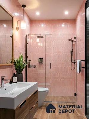 Modern bathroom with pink patterned wall tiles and wood-look floor tiles in 4 BHK apartment Total Environment Learning To Fly 7th Phase JP Nagar Bengaluru