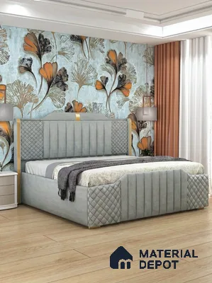 Modern bedroom with floral wallpaper, suede upholstered bed, and light oak wooden flooring in 4 BHK apartment Total Environment Learning To Fly 7th Phase JP Nagar Bengaluru