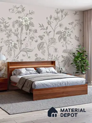 Scandinavian bedroom with floral wallpaper, walnut wood bed, and light oak flooring in 4 BHK apartment Total Environment Learning To Fly 7th Phase JP Nagar Bengaluru