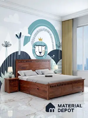 Modern kids room with cartoon wallpaper, solid wood bed, and white marble floor tiles in 4 BHK apartment Total Environment Learning To Fly 7th Phase JP Nagar Bengaluru