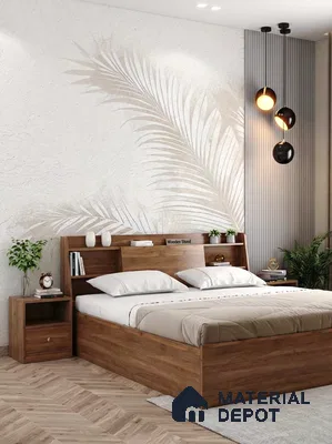 Scandinavian bedroom with natural wood laminate bed, beige palm leaf wallpaper, and herringbone wooden flooring in 4 BHK apartment Total Environment Learning To Fly 7th Phase JP Nagar Bengaluru