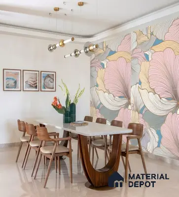 Mid-century modern dining room with floral wallpaper, marble tabletop, and walnut wood chairs in 4 BHK apartment Total Environment Learning To Fly 7th Phase JP Nagar Bengaluru