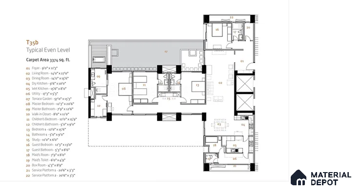 Modern apartment floor plan with open living, dining, and multiple bedrooms in 4 BHK apartment Total Environment Learning To Fly 7th Phase JP Nagar Bengaluru