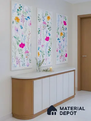 Modern foyer with floral wallpaper panels, white marble laminate console, and warm wood accents in 4 BHK apartment Total Environment Learning To Fly 7th Phase JP Nagar Bengaluru