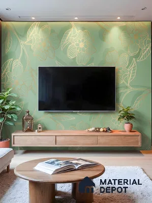 Scandinavian living room with green floral wallpaper and light oak floating TV unit in 4 BHK apartment Total Environment Learning To Fly 7th Phase JP Nagar Bengaluru