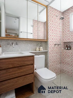 Modern bathroom with pink geometric patterned wall tiles, light grey marble floor tiles, and walnut wood vanity