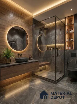 Modern bathroom with grey marble tiles, walnut wood wall panels, and floating vanity