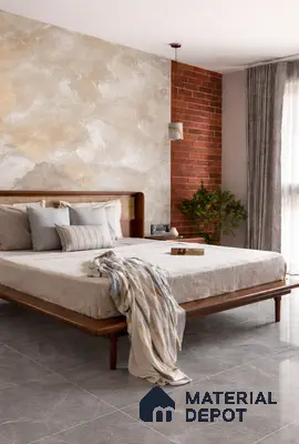 Mid-century modern bedroom with cane wood bed, exposed brick accent wall, and grey marble floor tiles
