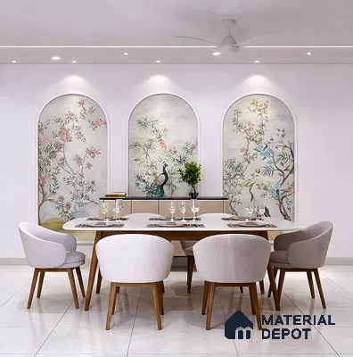 Japandi dining room with chinoiserie wallpaper panels and white marble floor tiles