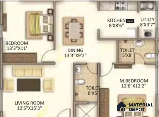 Modern apartment floor plan with living, dining, kitchen, bedrooms, and utility layout
