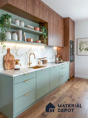Scandinavian kitchen with sage green laminate, walnut wood laminate, and white marble backsplash