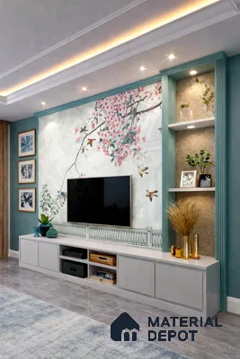 Modern TV unit with chinoiserie floral wallpaper, white laminate cabinet, and teal accent panels
